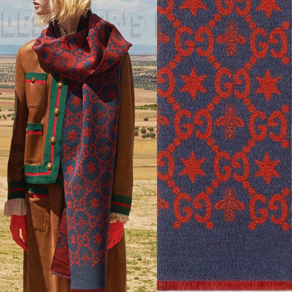 GUCCI red & blue CONSTELLATION Bee GG Stars wool/silk reversible long scarf NWT